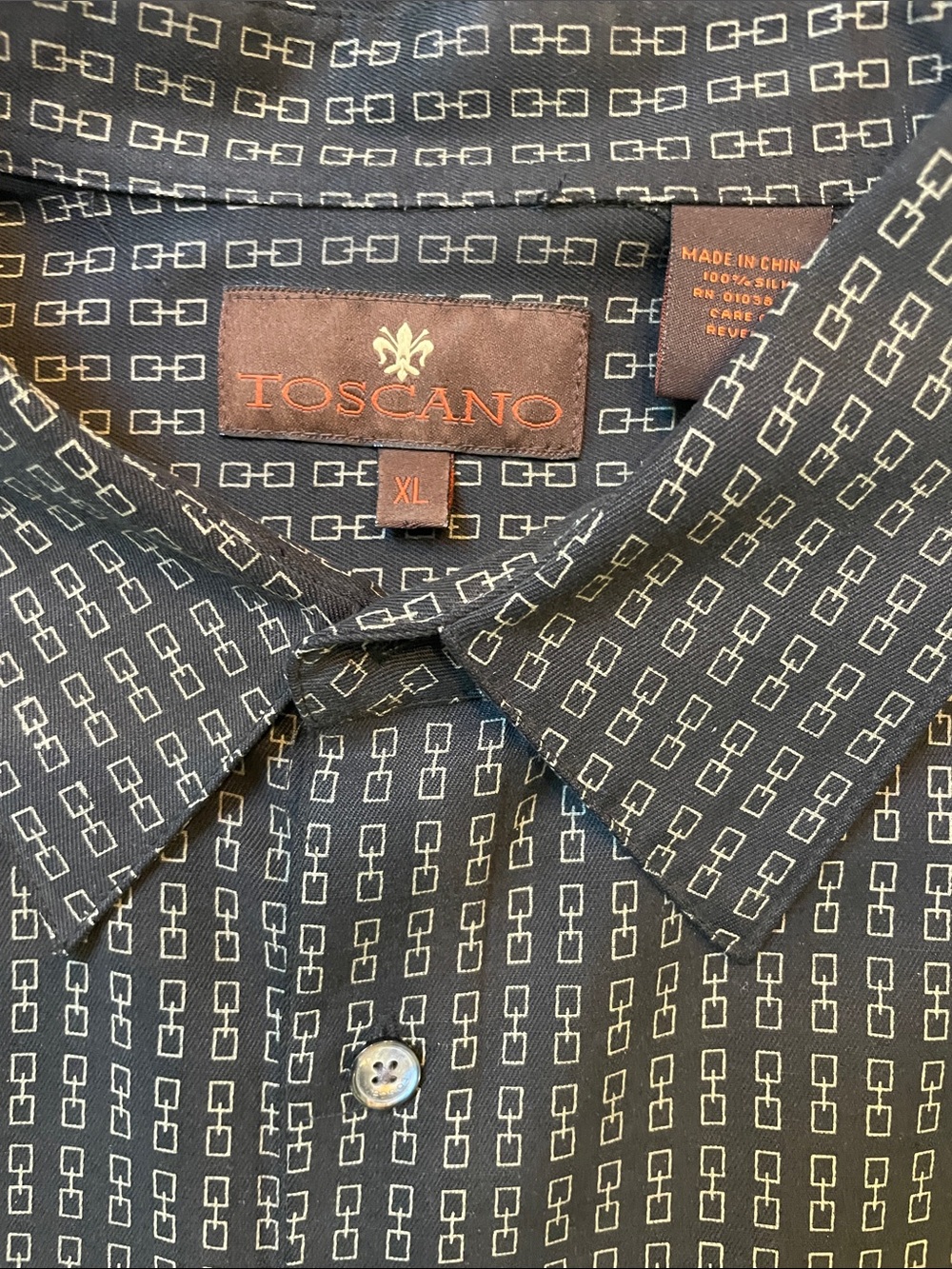 Toscano 100% Silk Short-Sleeve Patterned Button-Up Shirt - Black XL